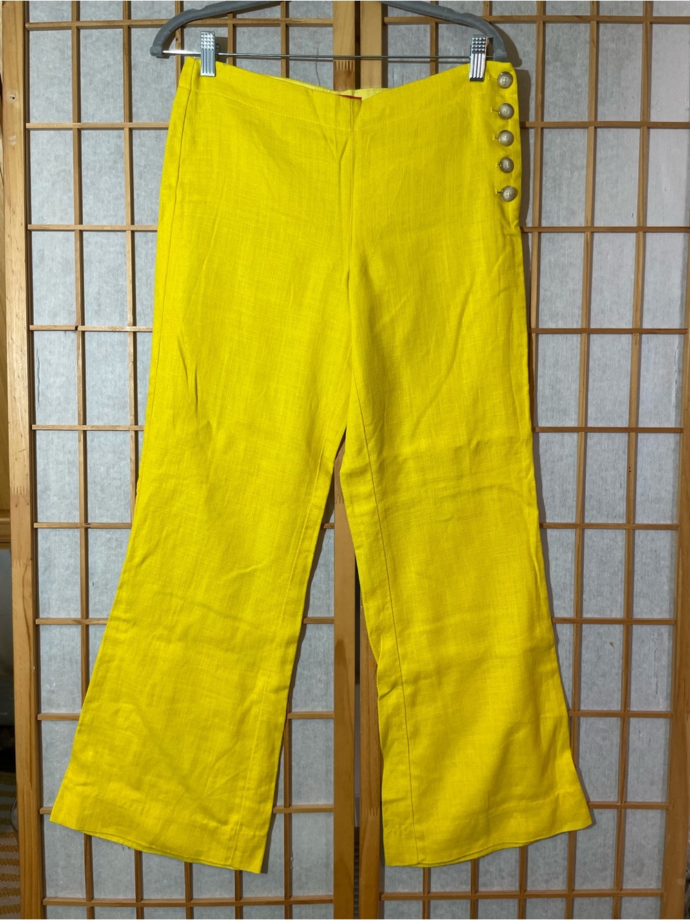 Cartonnier Trousers Linen Blend Sailor Flat Front Side Button Wide Yellow